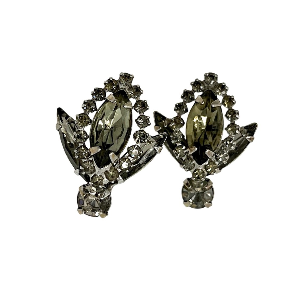 Rhinestone‎ Clip On Earrings Marquise Accents Vintage Style Silver Toned